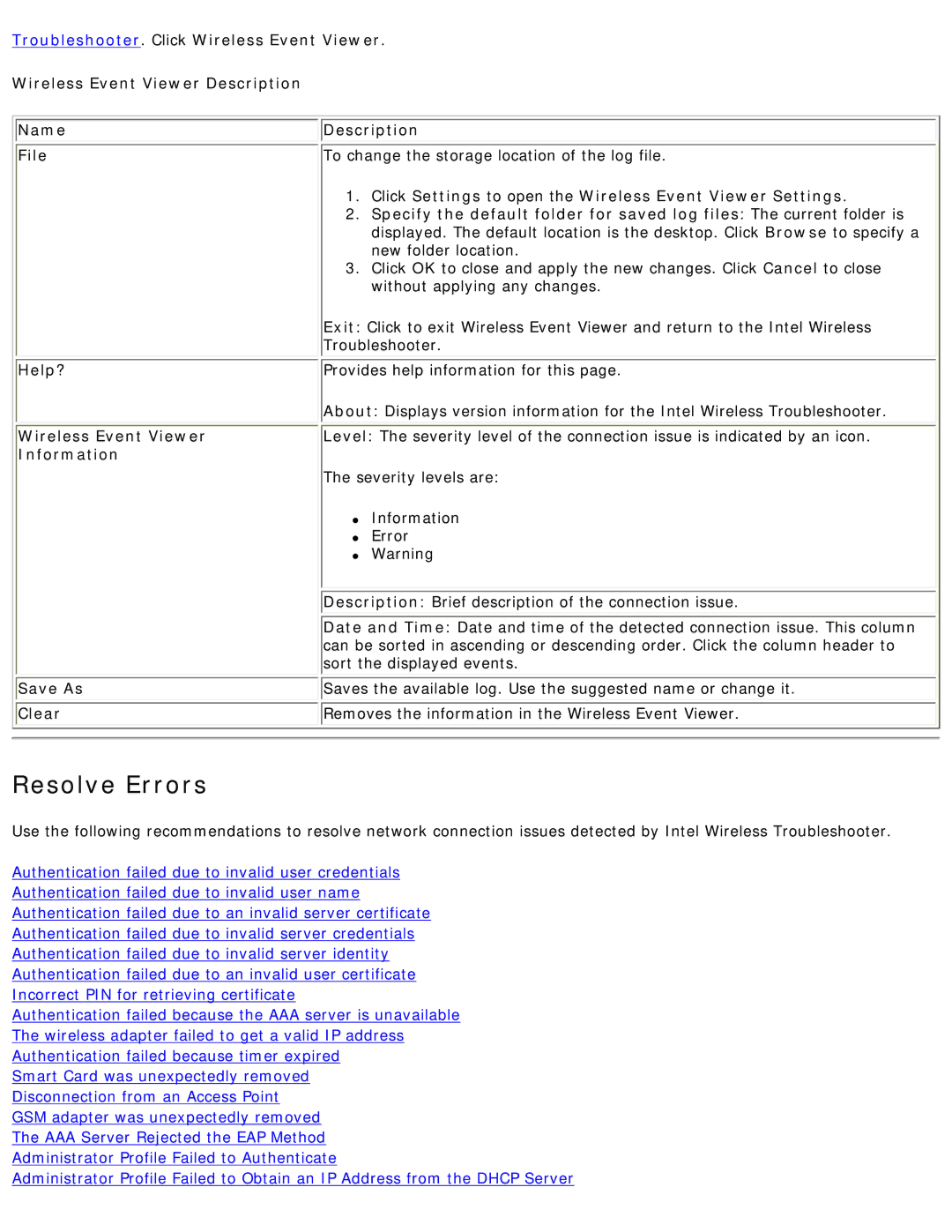 Intel 3945ABG Resolve Errors, Click Settings to open the Wireless Event Viewer Settings, Information, Save As 