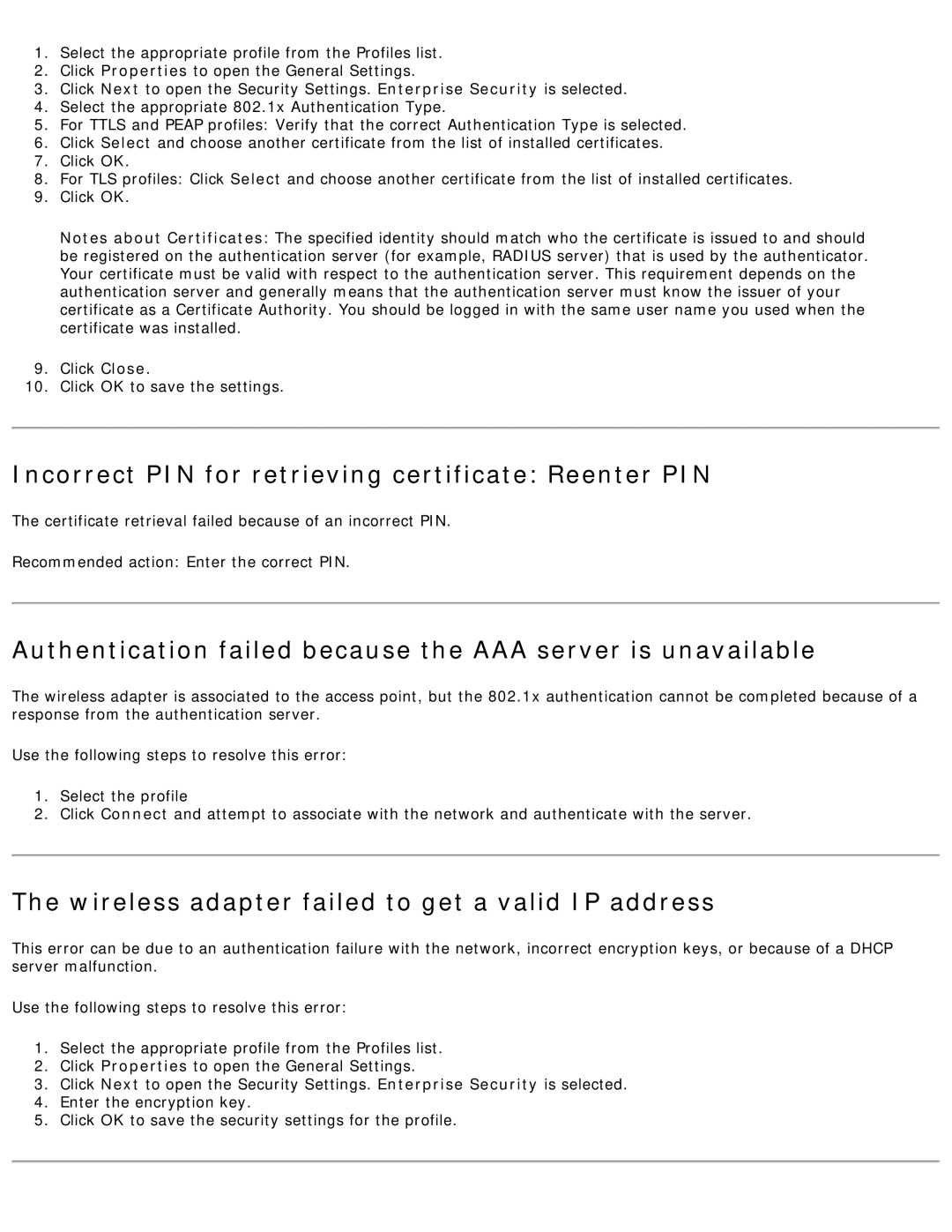 Intel 3945ABG Incorrect PIN for retrieving certificate Reenter PIN, Wireless adapter failed to get a valid IP address 