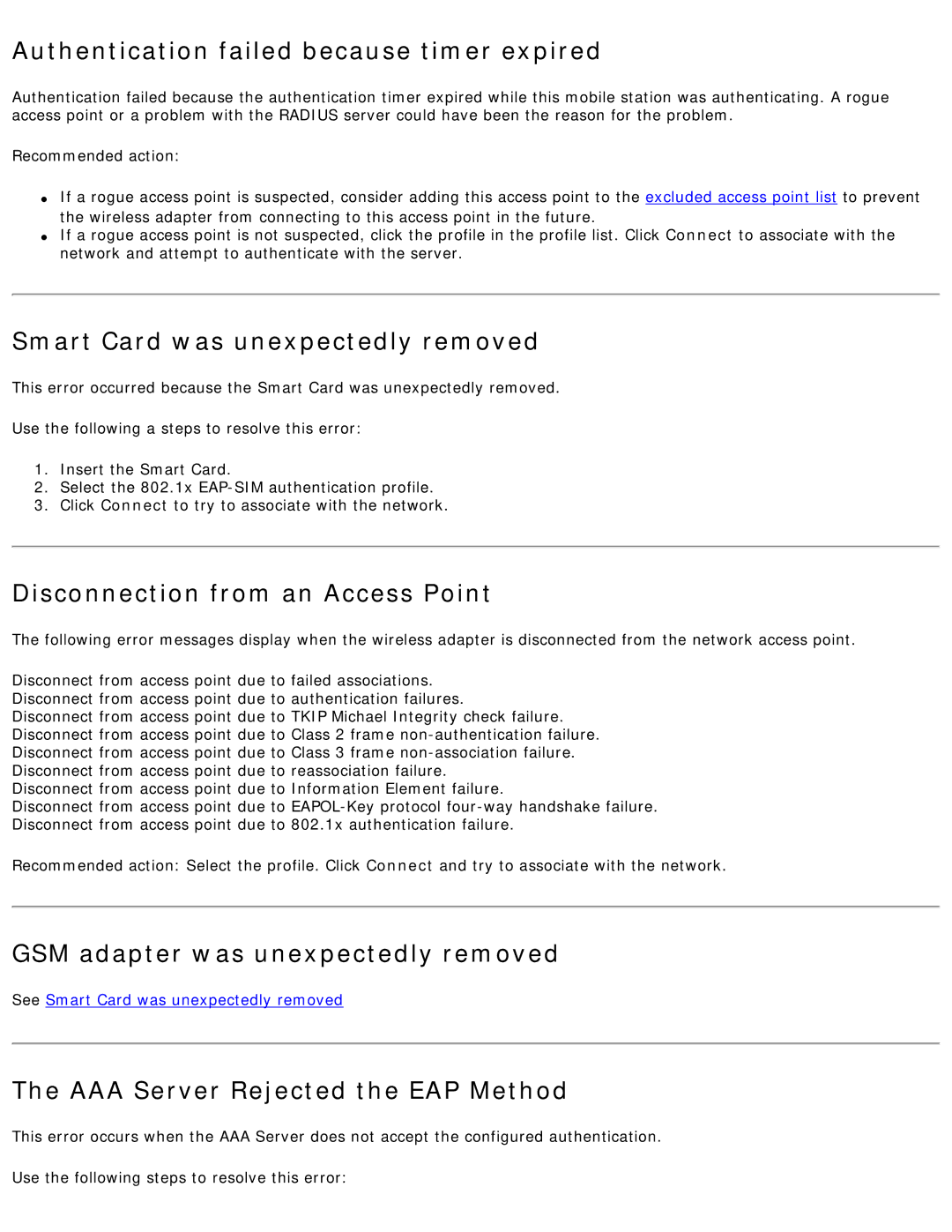 Intel 3945ABG specifications Authentication failed because timer expired, Smart Card was unexpectedly removed 