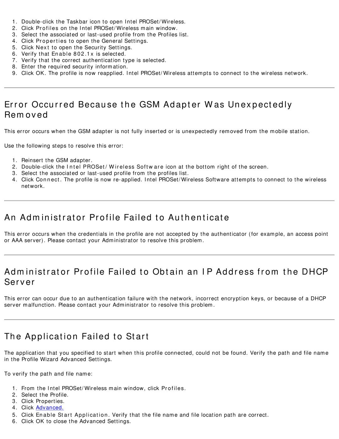 Intel 3945ABG specifications An Administrator Profile Failed to Authenticate, Application Failed to Start 