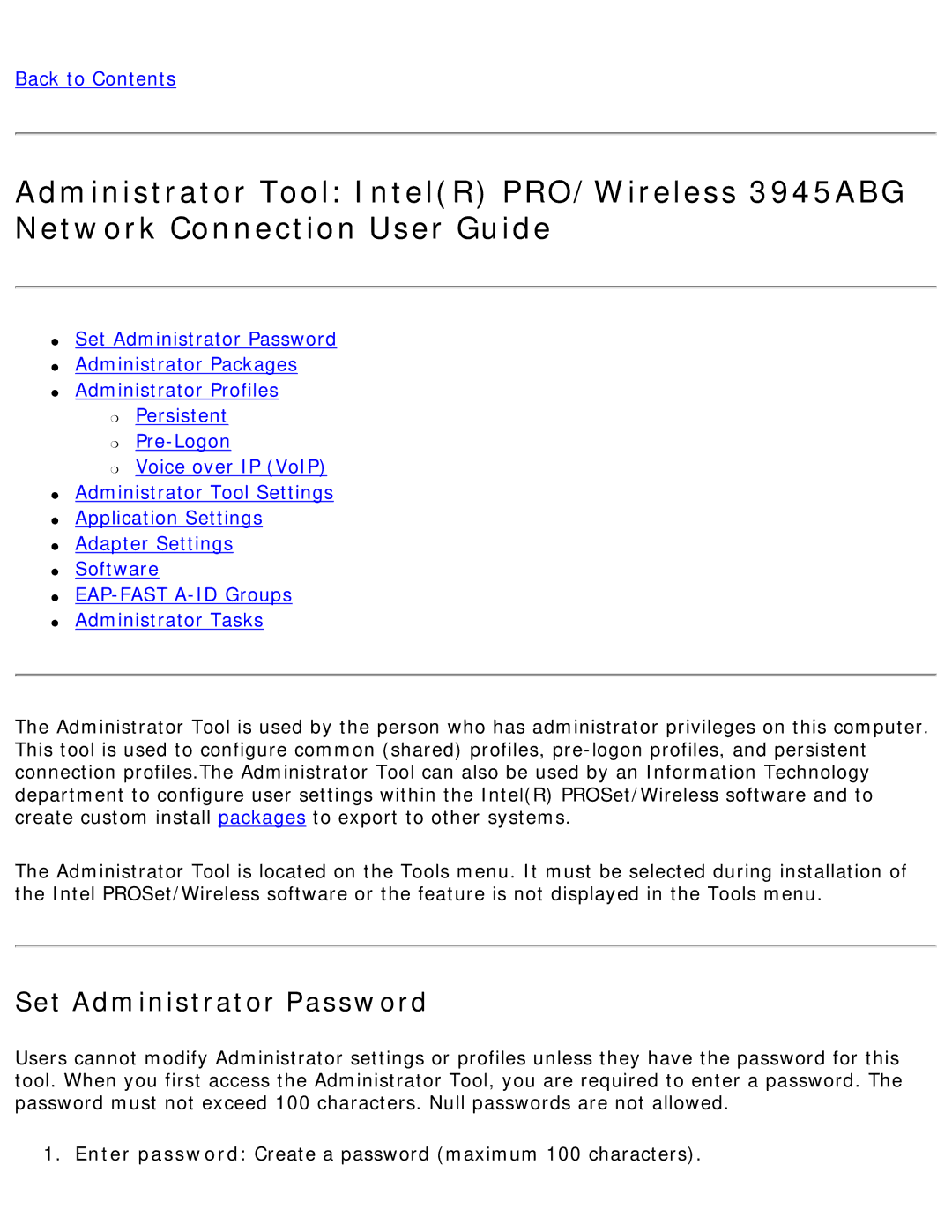 Intel 3945ABG specifications Set Administrator Password 