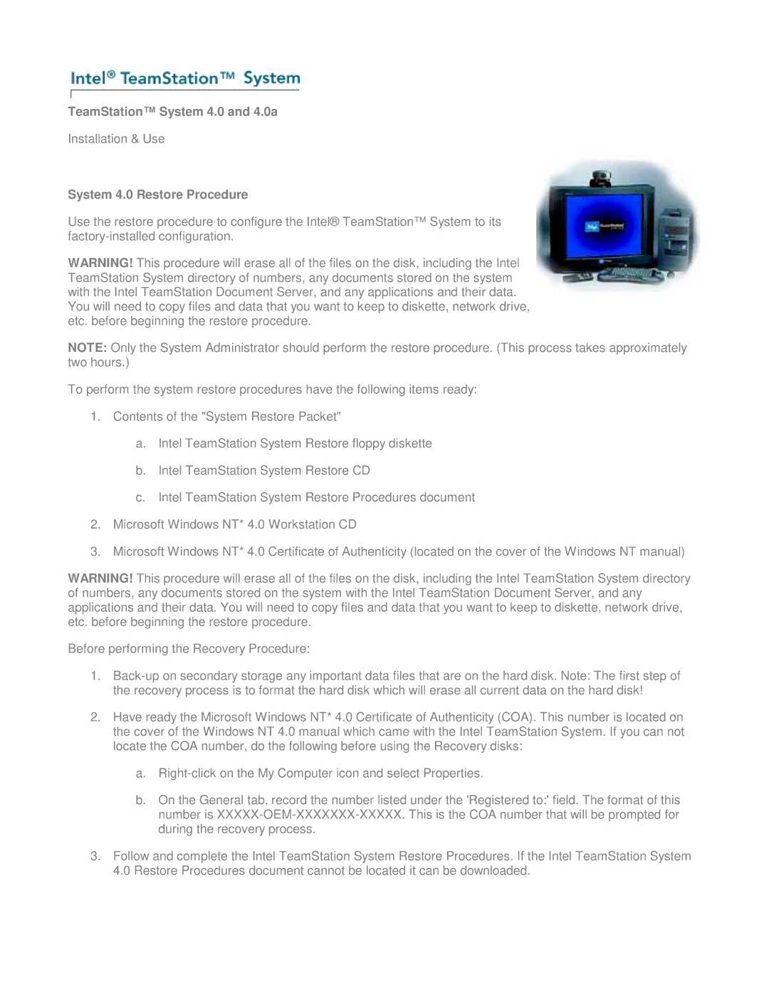 Intel 4.0A manual TeamStation System 4.0 and 4.0a, System 4.0 Restore Procedure 