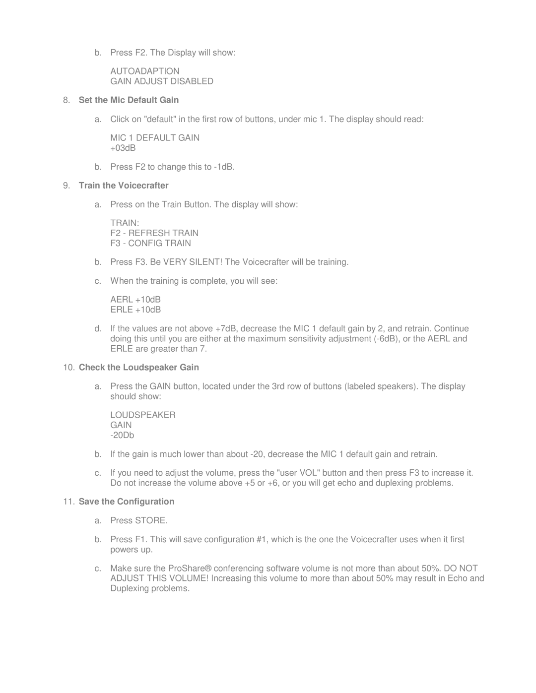 Intel 4.0A manual Set the Mic Default Gain, Train the Voicecrafter, Check the Loudspeaker Gain, Save the Configuration 