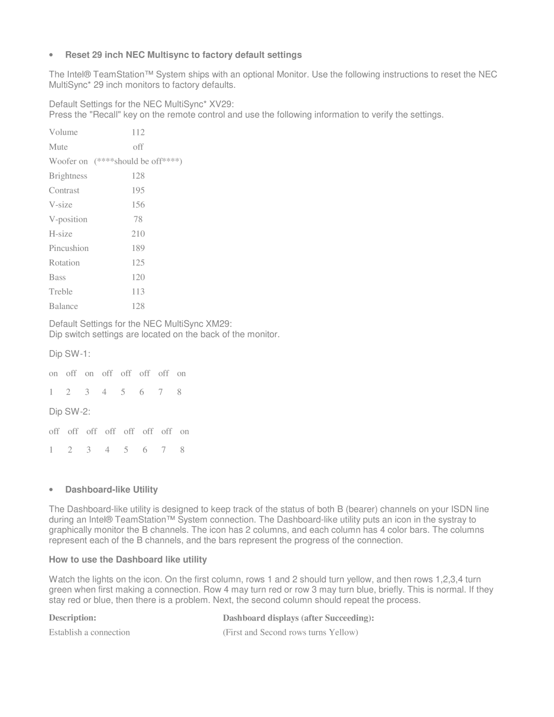 Intel 4.0A manual Reset 29 inch NEC Multisync to factory default settings, Dashboard-like Utility 