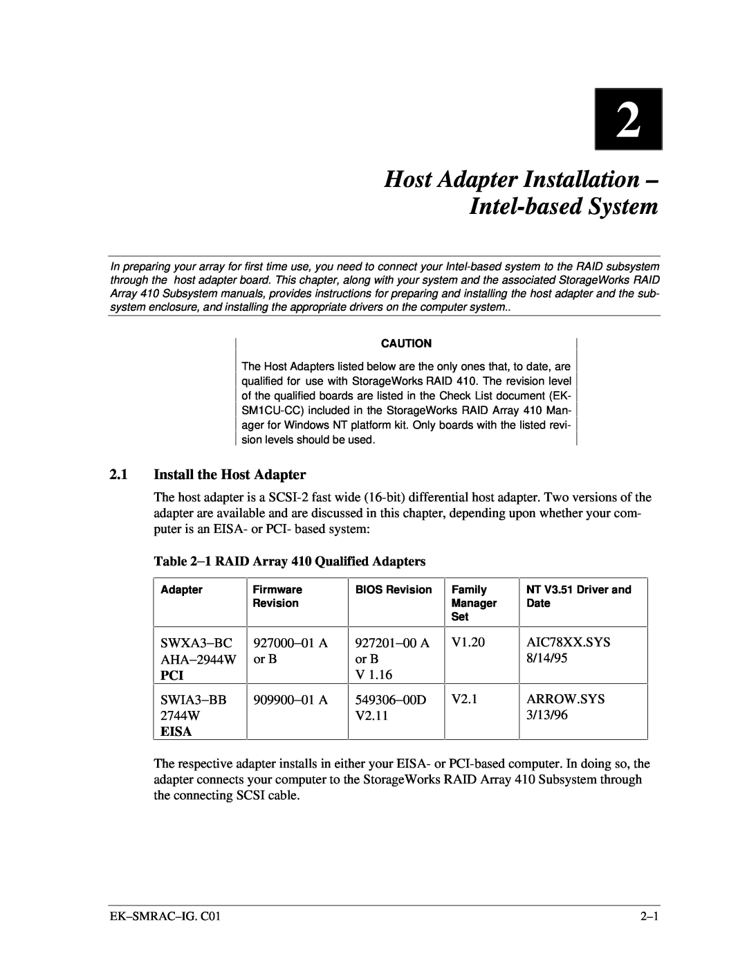 Intel 410 manual Host Adapter Installation – Intel-basedSystem, 2.1Install the Host Adapter 