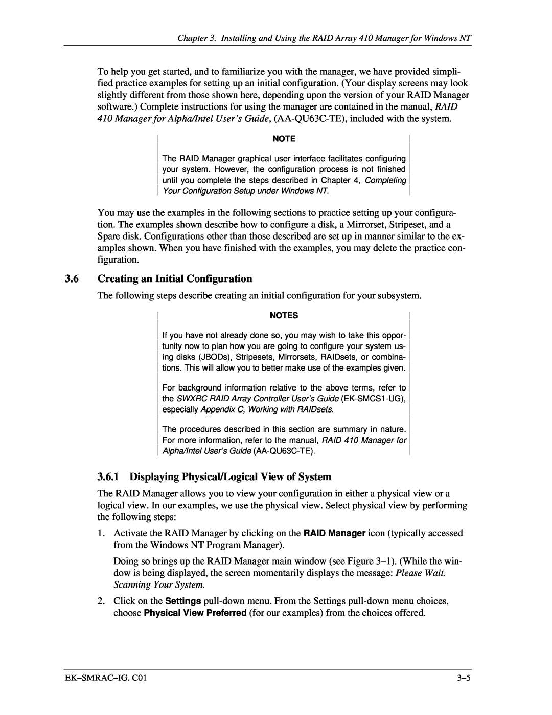 Intel 410 manual 3.6Creating an Initial Configuration, Displaying Physical/Logical View of System, Notes 