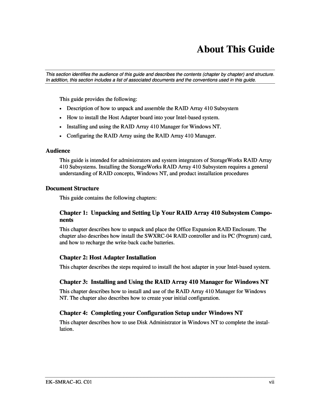 Intel 410 manual About This Guide, Audience, Document Structure, Host Adapter Installation 