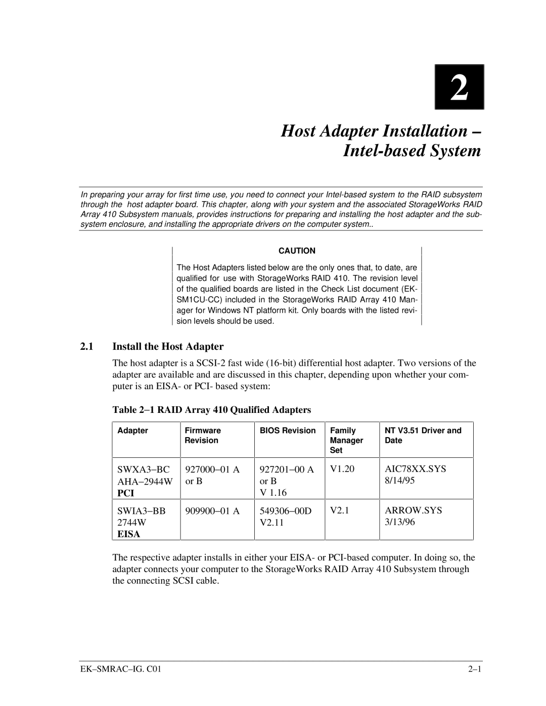 Intel 410 manual Host Adapter Installation Intel-based System, Install the Host Adapter 