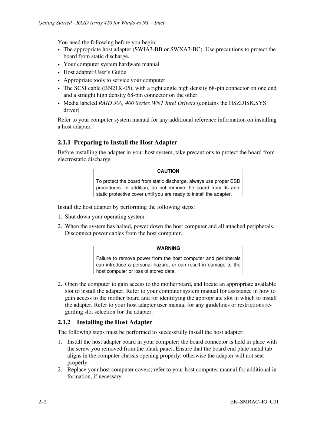 Intel 410 manual Preparing to Install the Host Adapter, Installing the Host Adapter 