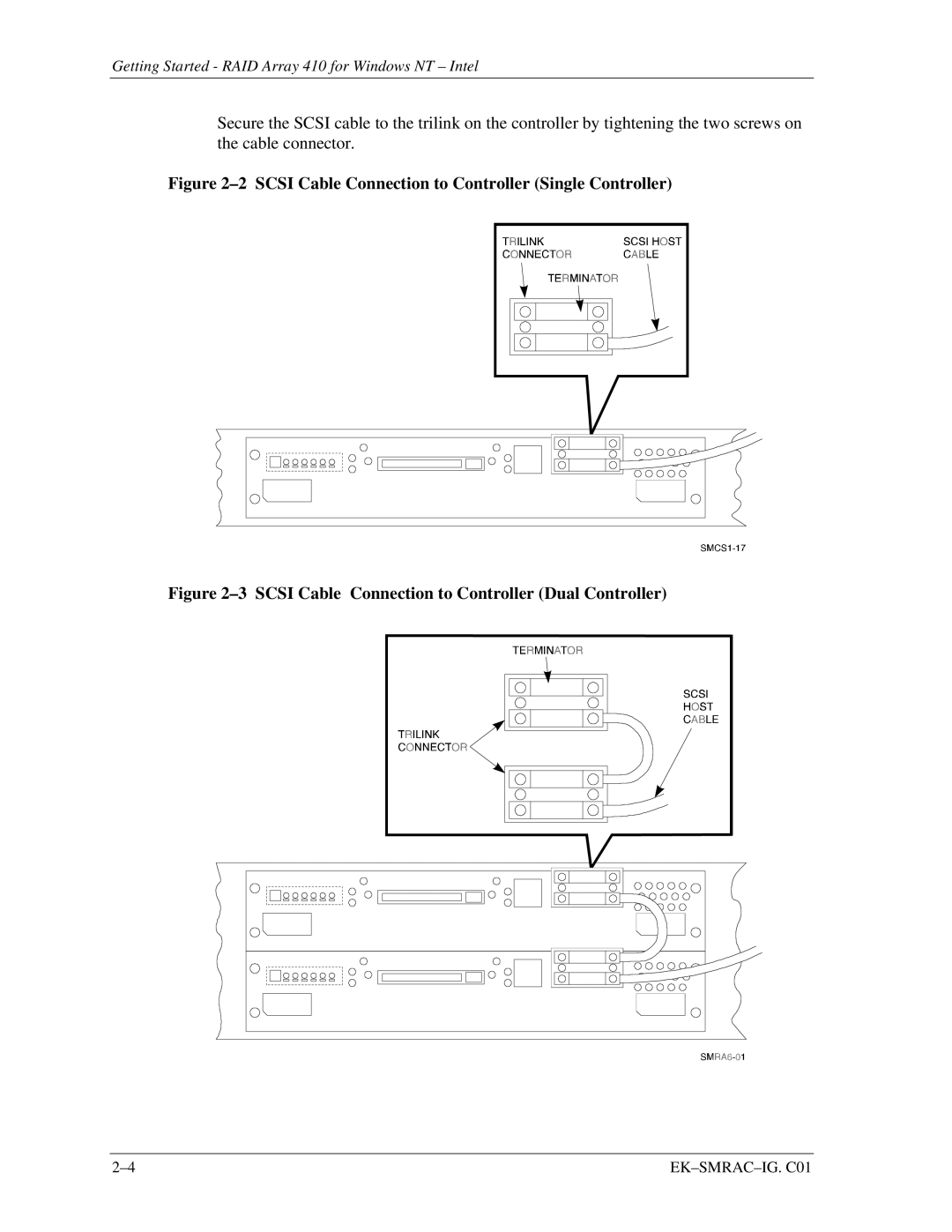 Intel 410 manual Scsi Cable Connection to Controller Single Controller 