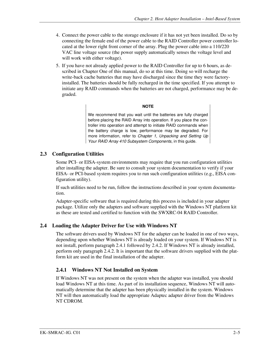 Intel 410 Configuration Utilities, Loading the Adapter Driver for Use with Windows NT, Windows NT Not Installed on System 