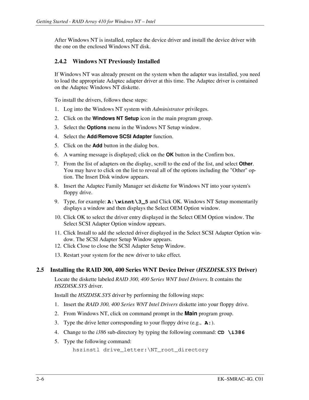 Intel 410 manual Windows NT Previously Installed 