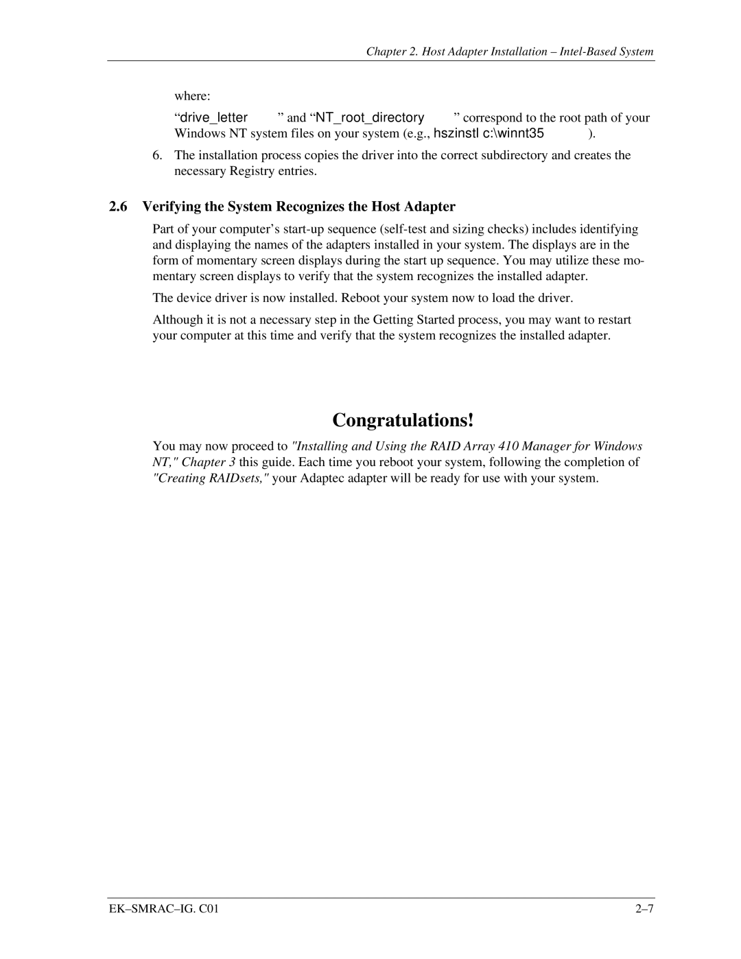 Intel 410 manual Congratulations, Verifying the System Recognizes the Host Adapter 