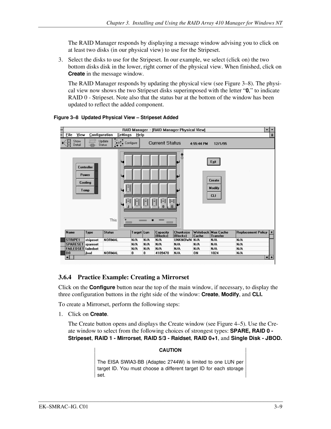 Intel 410 manual Practice Example Creating a Mirrorset, Updated Physical View Stripeset Added 