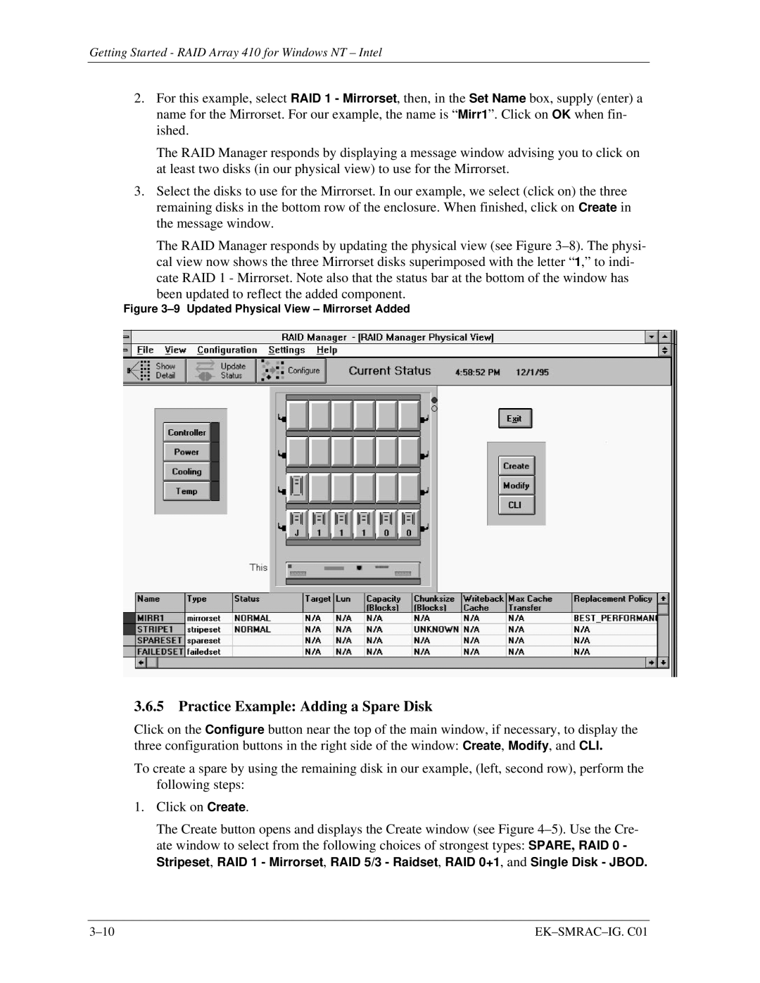 Intel 410 manual Practice Example Adding a Spare Disk, Updated Physical View Mirrorset Added 