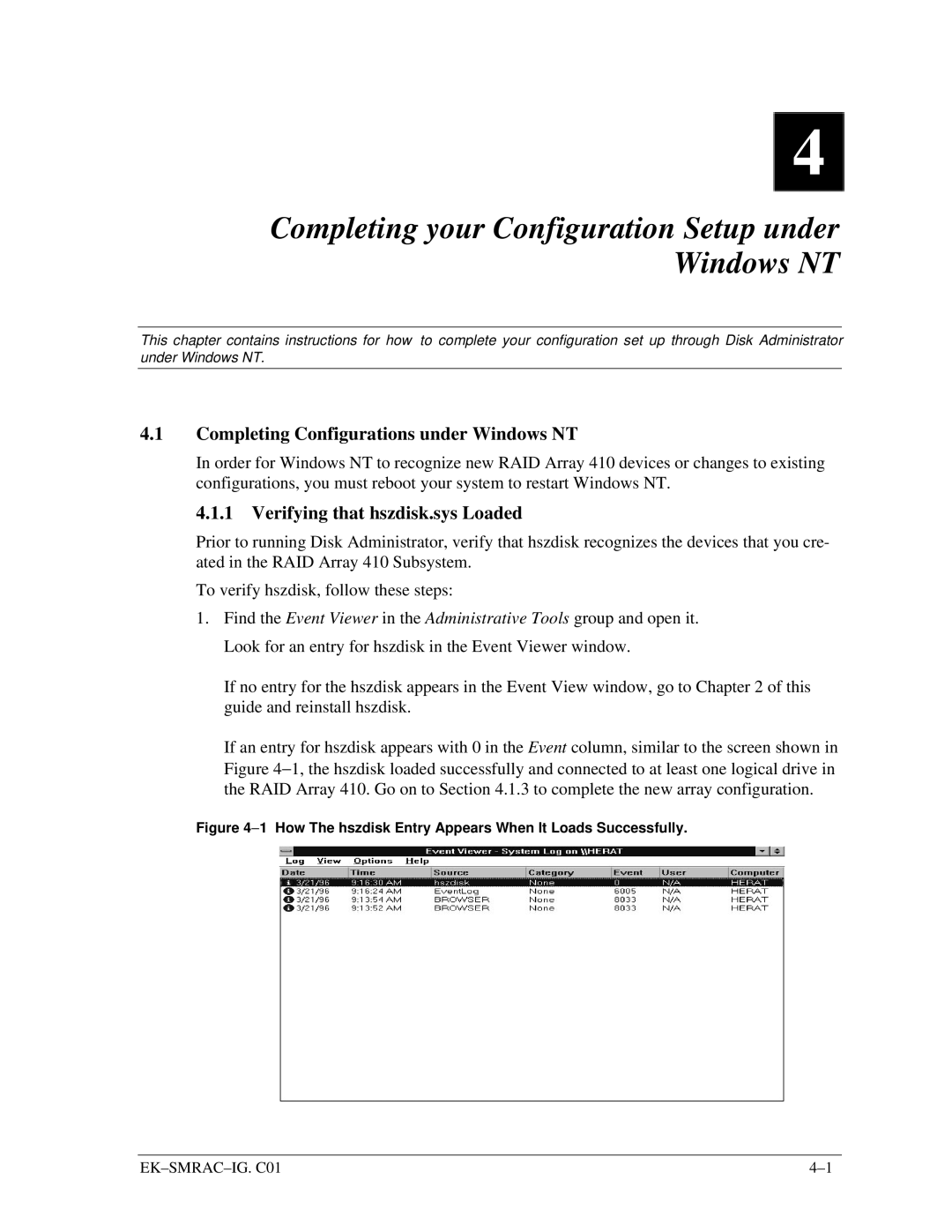 Intel 410 manual Completing Configurations under Windows NT, Verifying that hszdisk.sys Loaded 