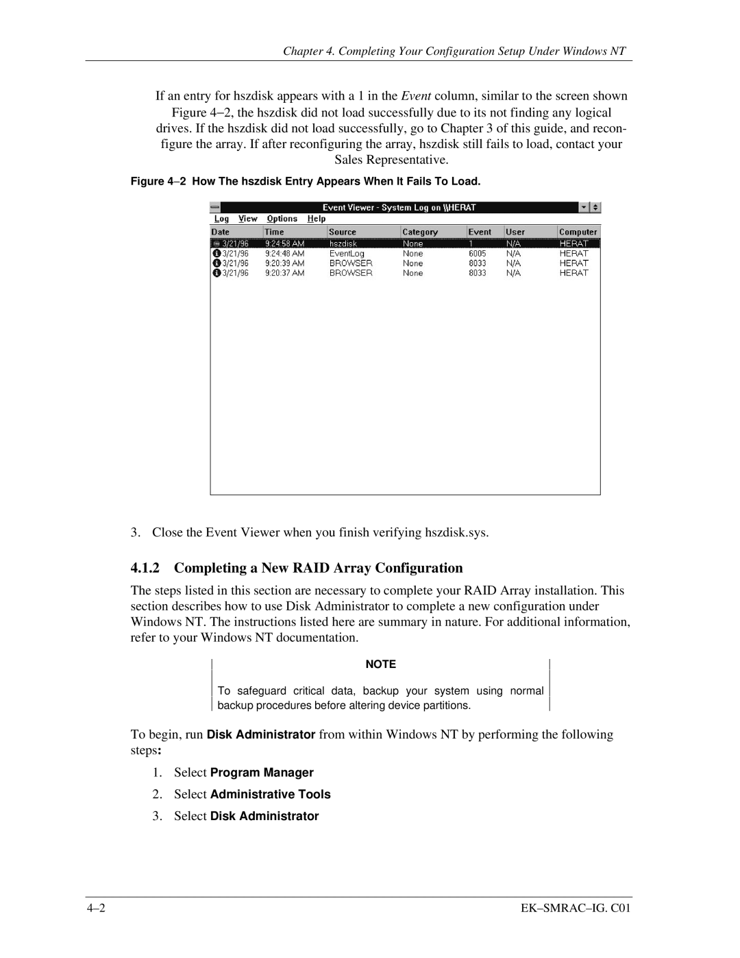 Intel 410 manual Completing a New RAID Array Configuration, 2 How The hszdisk Entry Appears When It Fails To Load 