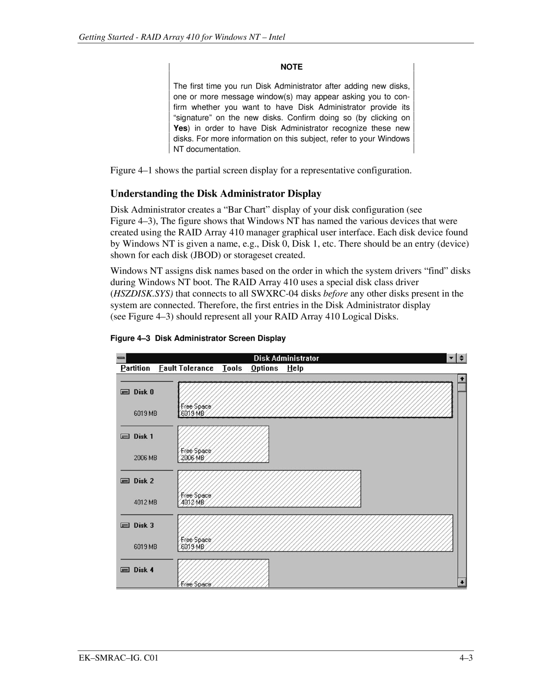 Intel 410 manual Understanding the Disk Administrator Display, Disk Administrator Screen Display 