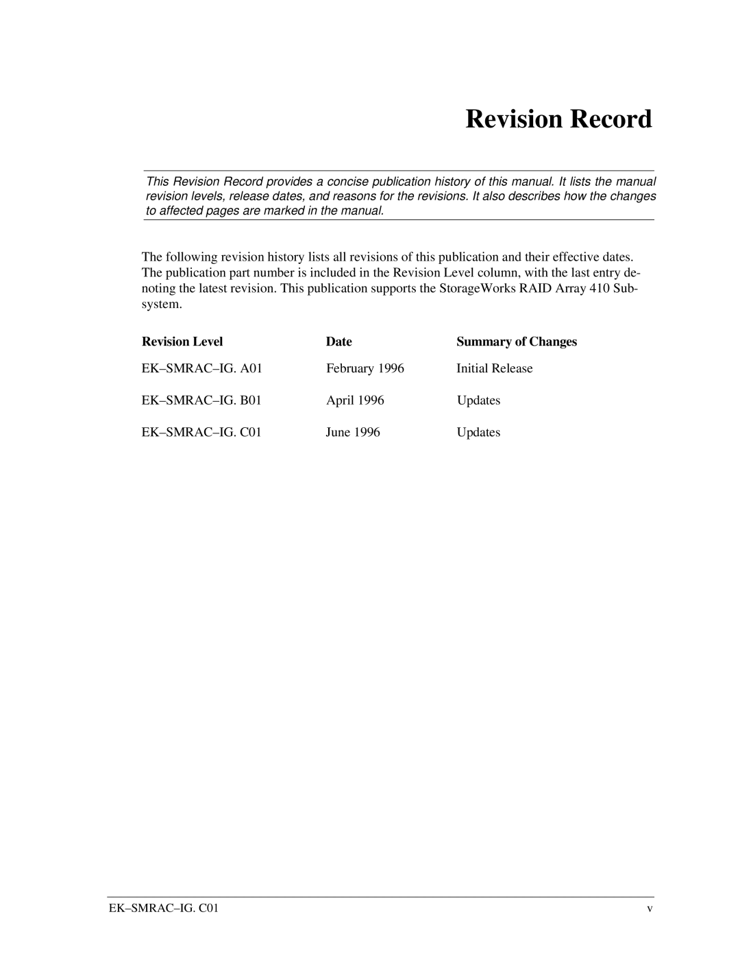 Intel 410 manual Revision Record 