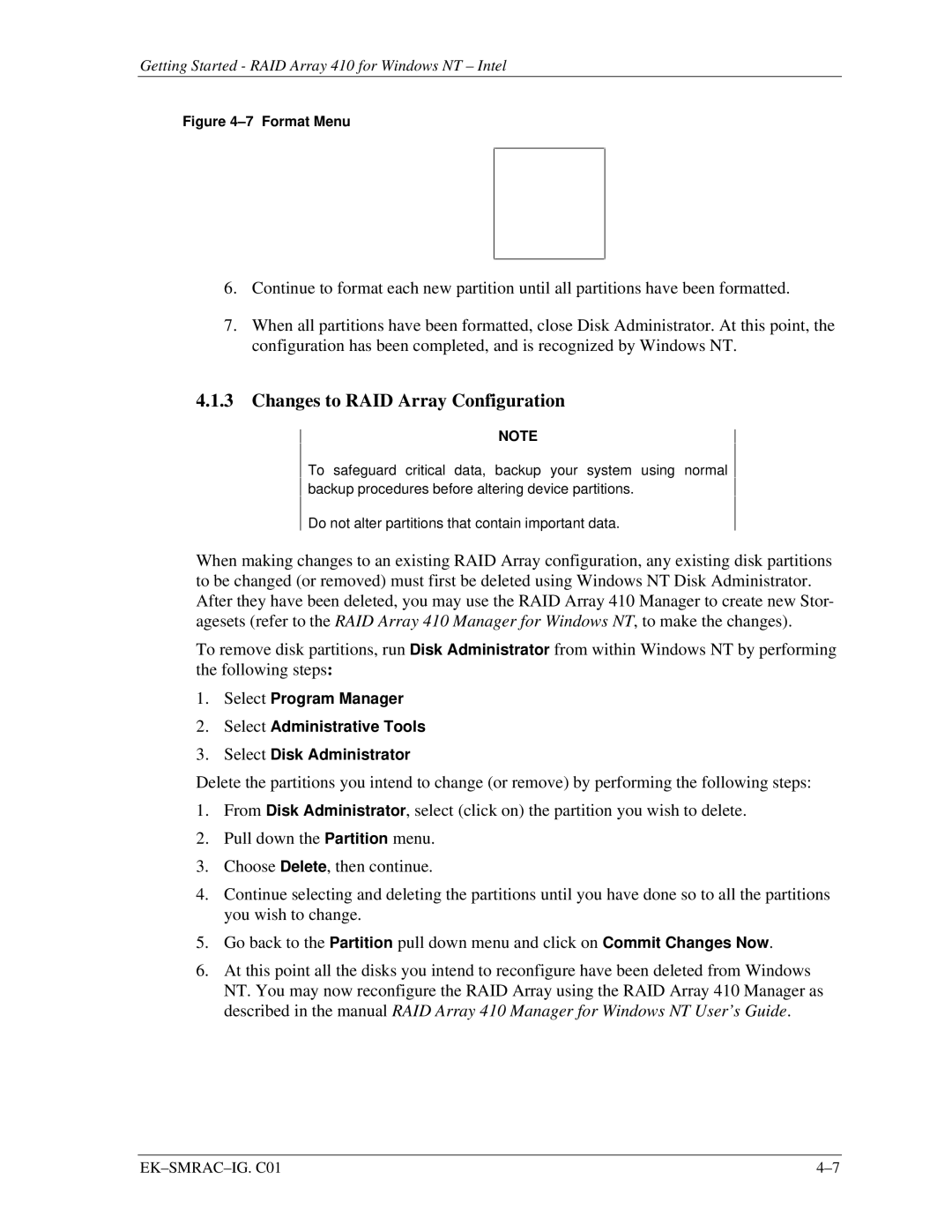 Intel 410 manual Changes to RAID Array Configuration, Format Menu 