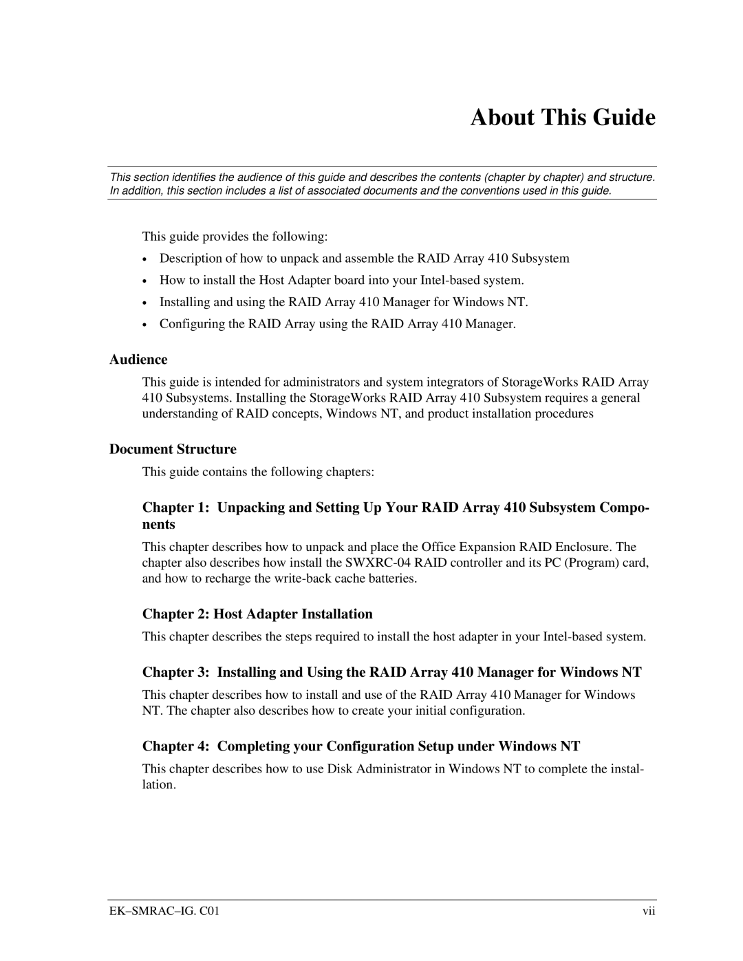 Intel 410 Audience, Document Structure, Host Adapter Installation, Completing your Configuration Setup under Windows NT 