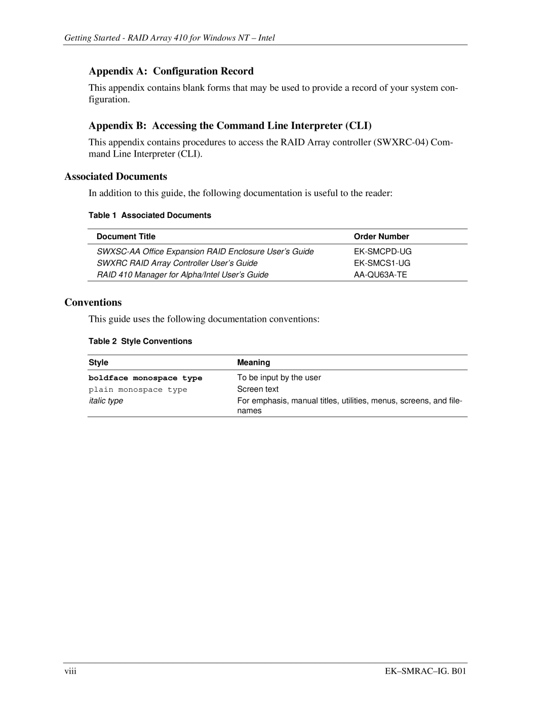 Intel 410 Appendix a Configuration Record, Appendix B Accessing the Command Line Interpreter CLI, Associated Documents 