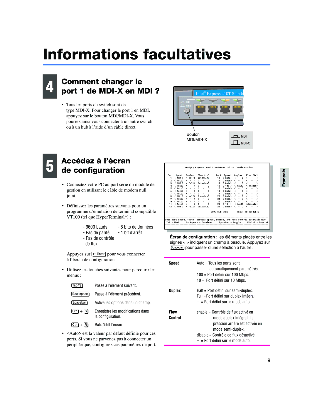 Intel 410T Informations facultatives, Comment changer le, Port 1 de MDI-X en MDI ?, Accédez à l’écran De configuration 