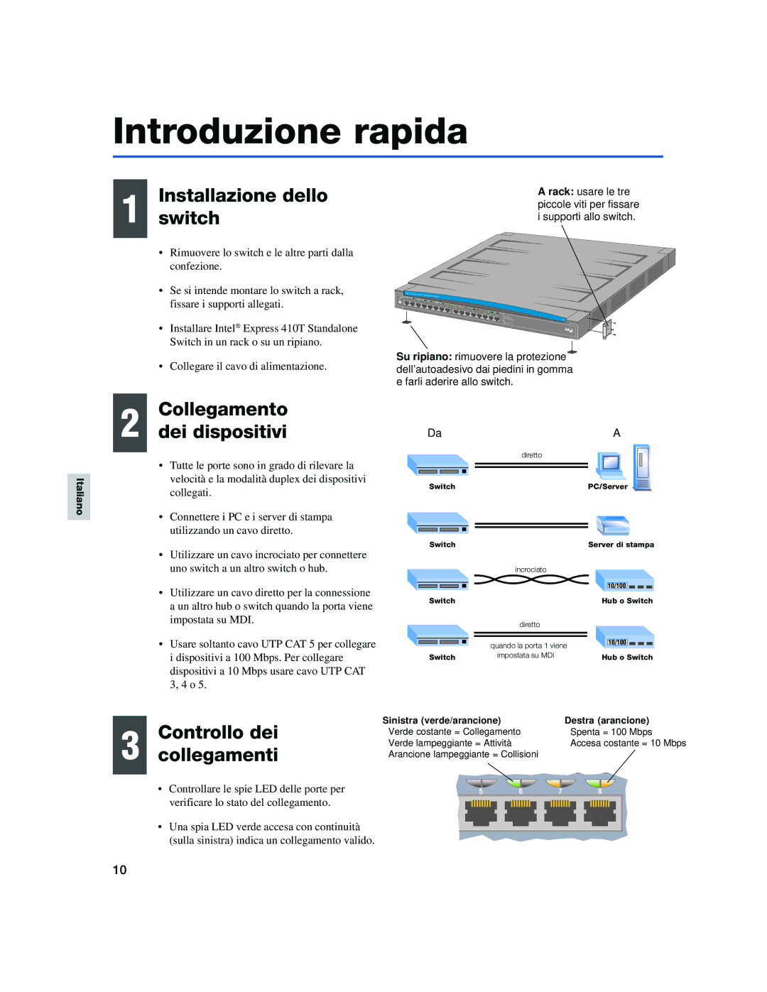 Intel 410T quick start Introduzione rapida, Installazioneswitch dello, Collegamento Dei dispositivi 