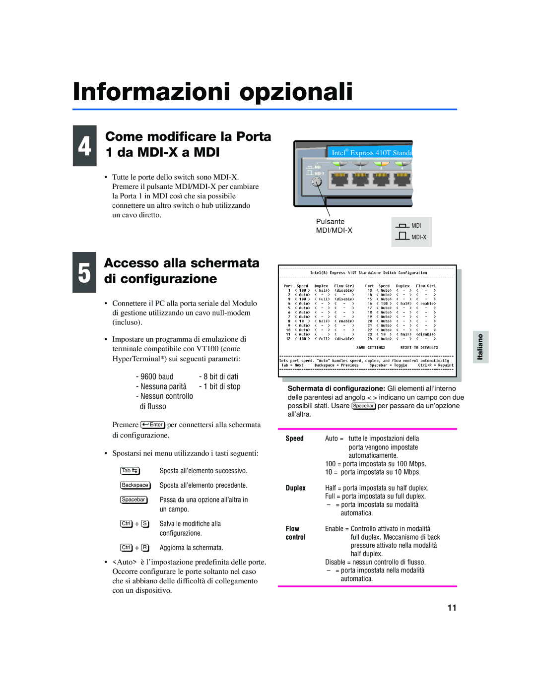 Intel 410T Informazioni opzionali, Come modificare la Porta, Da MDI-X a MDI, Accesso alla schermata Di configurazione 