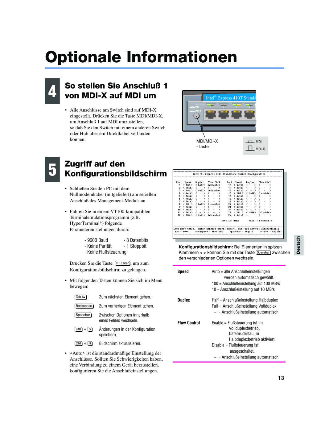 Intel 410T quick start Optionale Informationen, So stellen Sie Anschluß, Von MDI-X auf MDI um 