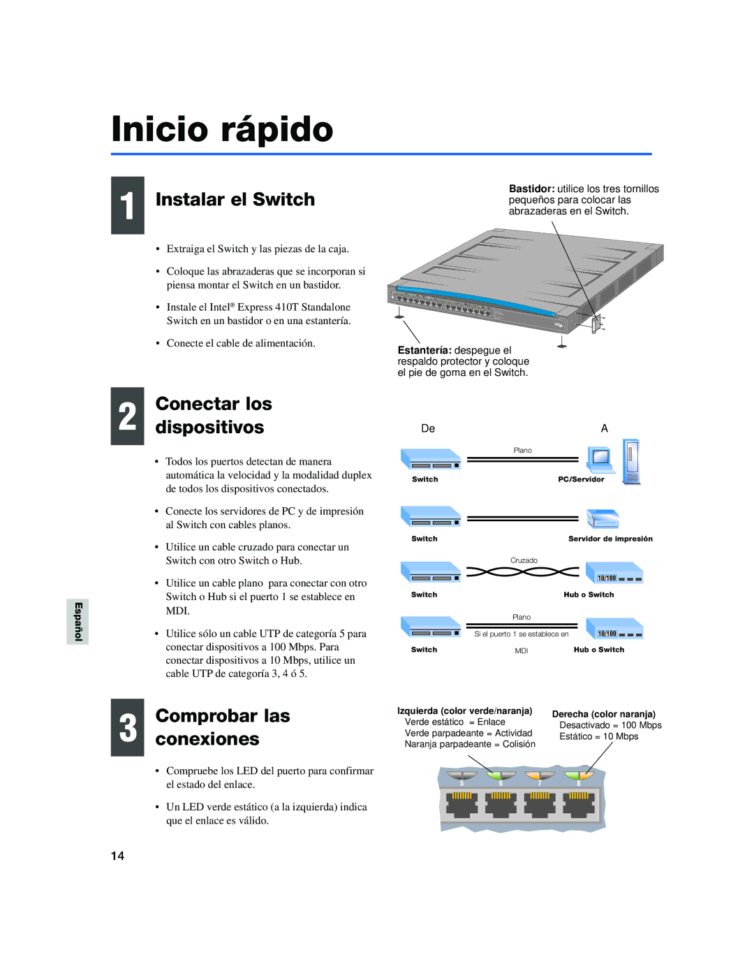 Intel 410T quick start Inicio rápido, Instalar el Switch, Conectar los Dispositivos, Comprobar las, Conexiones 