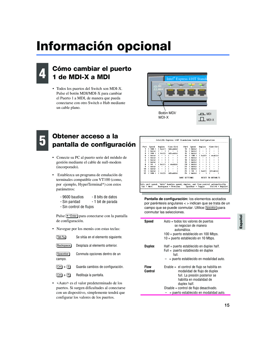 Intel 410T Información opcional, Cómo cambiar el puerto De MDI-X a MDI, Obtener acceso a la Pantalla de configuración 