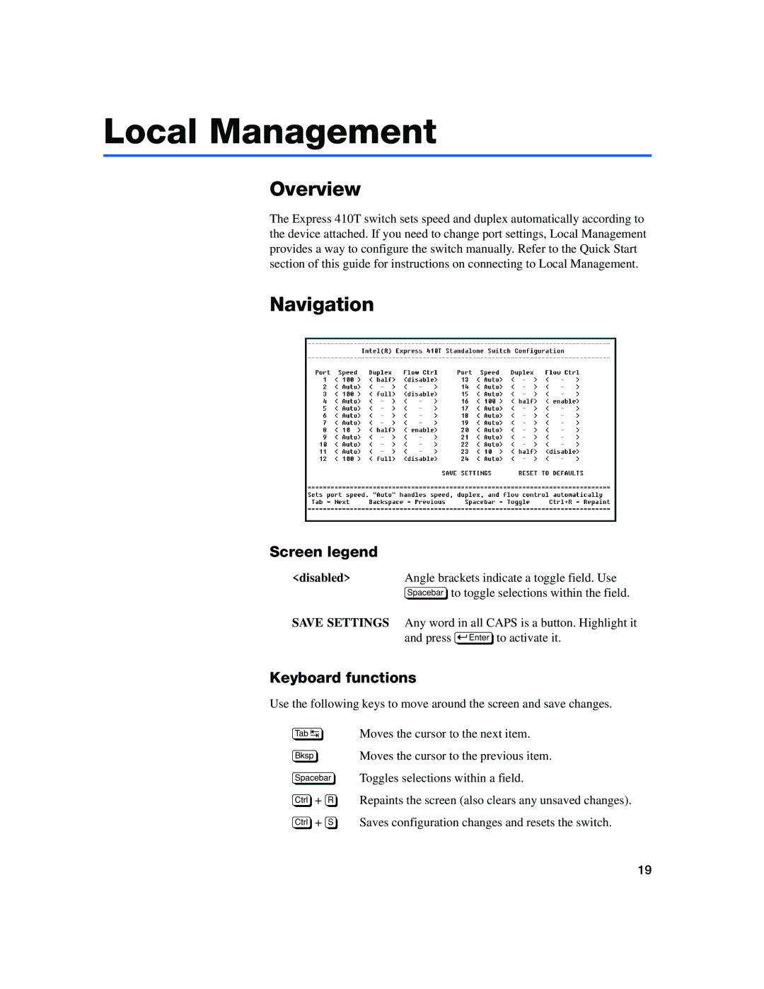 Intel 410T quick start Local Management, Overview, Navigation, Screen legend, Keyboard functions 