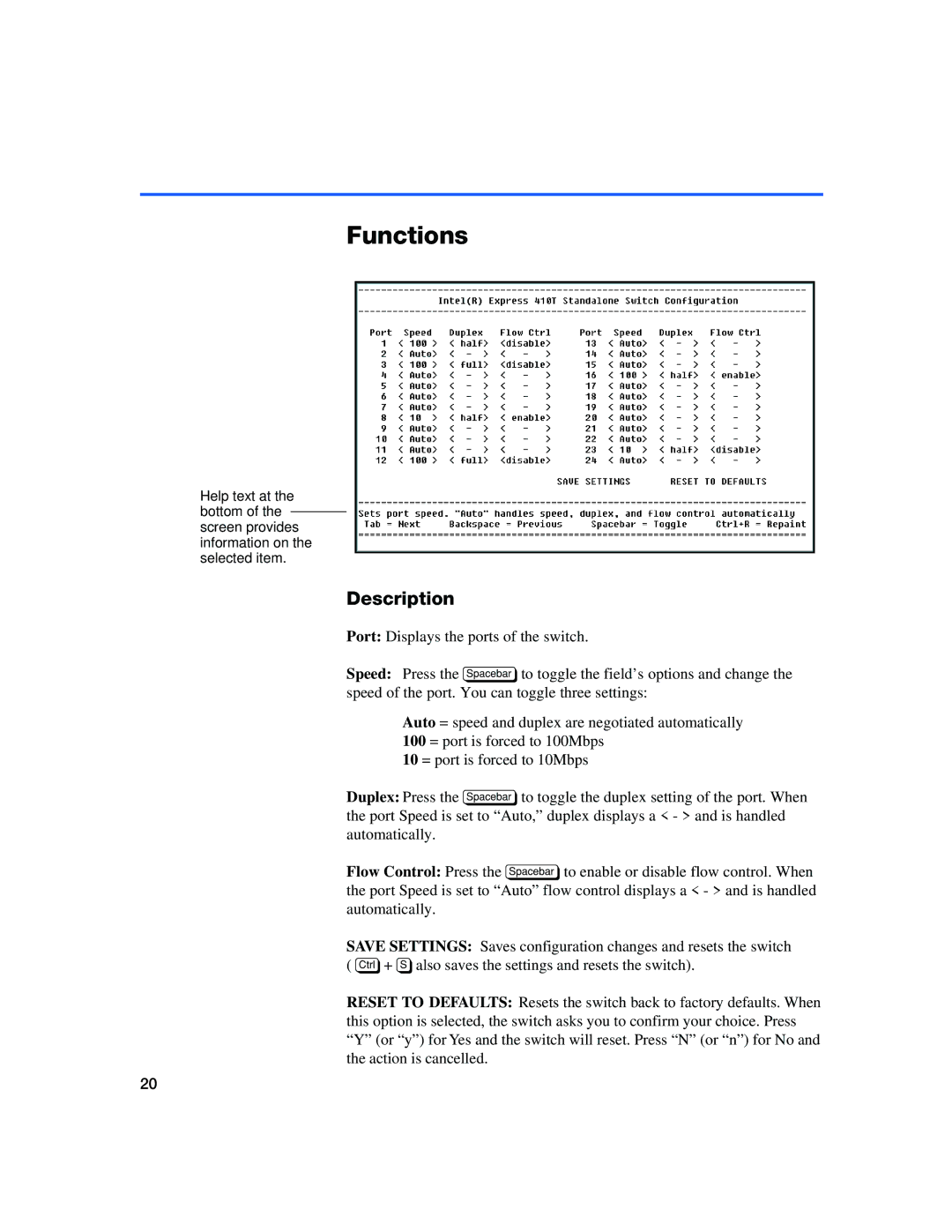 Intel 410T quick start Functions, Description 