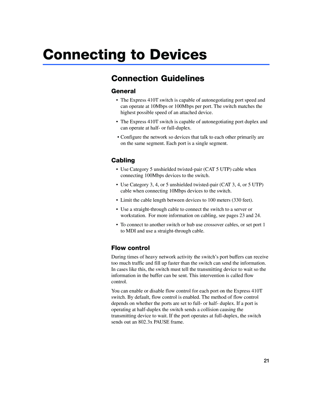 Intel 410T quick start Connecting to Devices, Connection Guidelines, General, Cabling, Flow control 