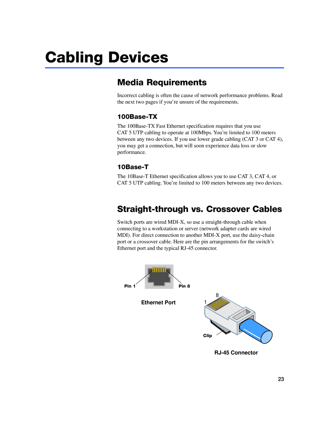 Intel 410T quick start Cabling Devices, Media Requirements, Straight-through vs. Crossover Cables, 100Base-TX, 10Base-T 