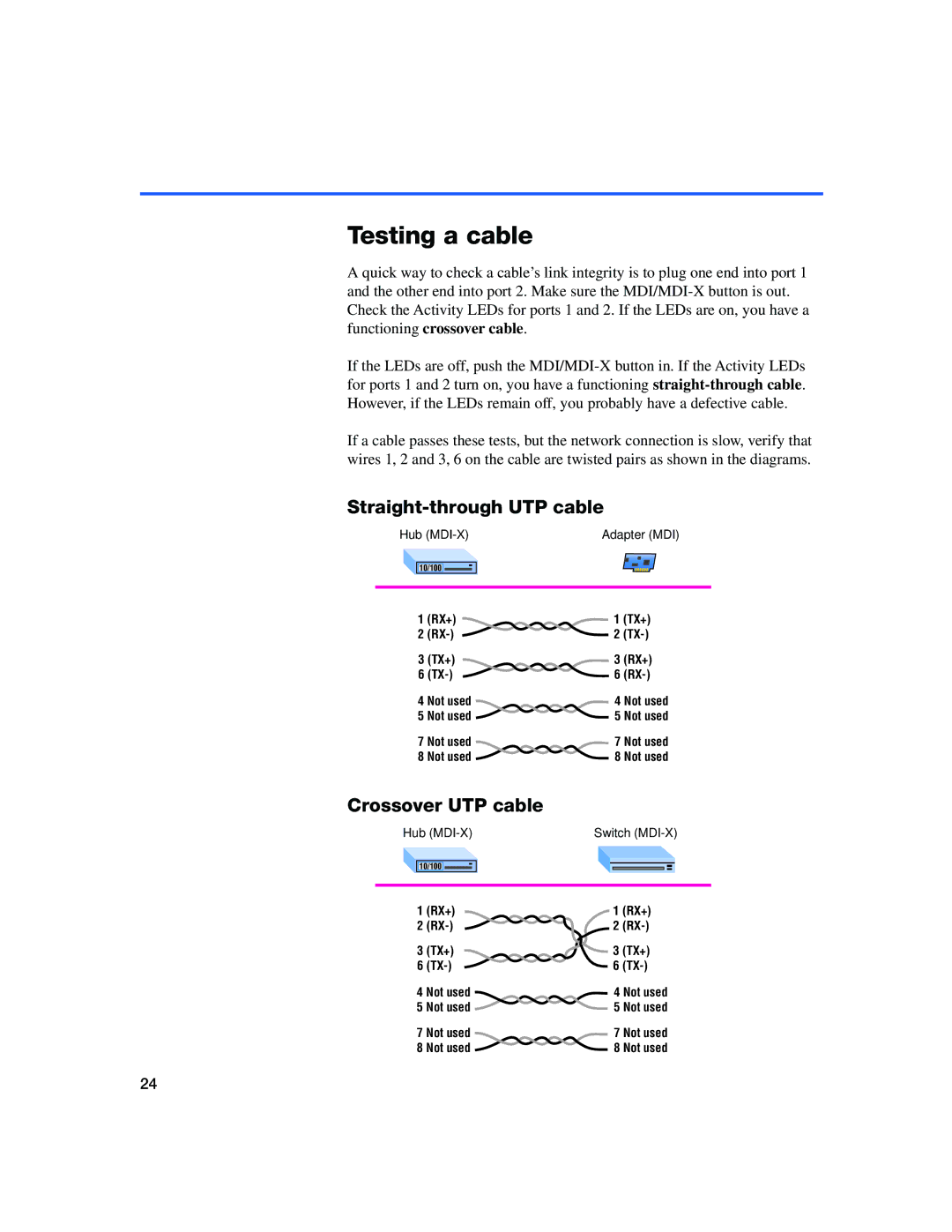 Intel 410T quick start Testing a cable, Straight-through UTP cable, Crossover UTP cable 