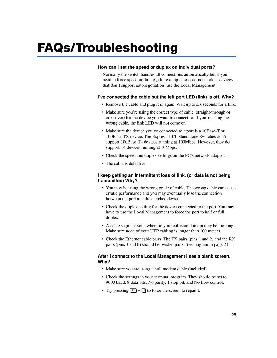 Intel 410T quick start FAQs/Troubleshooting, How can I set the speed or duplex on individual ports? 