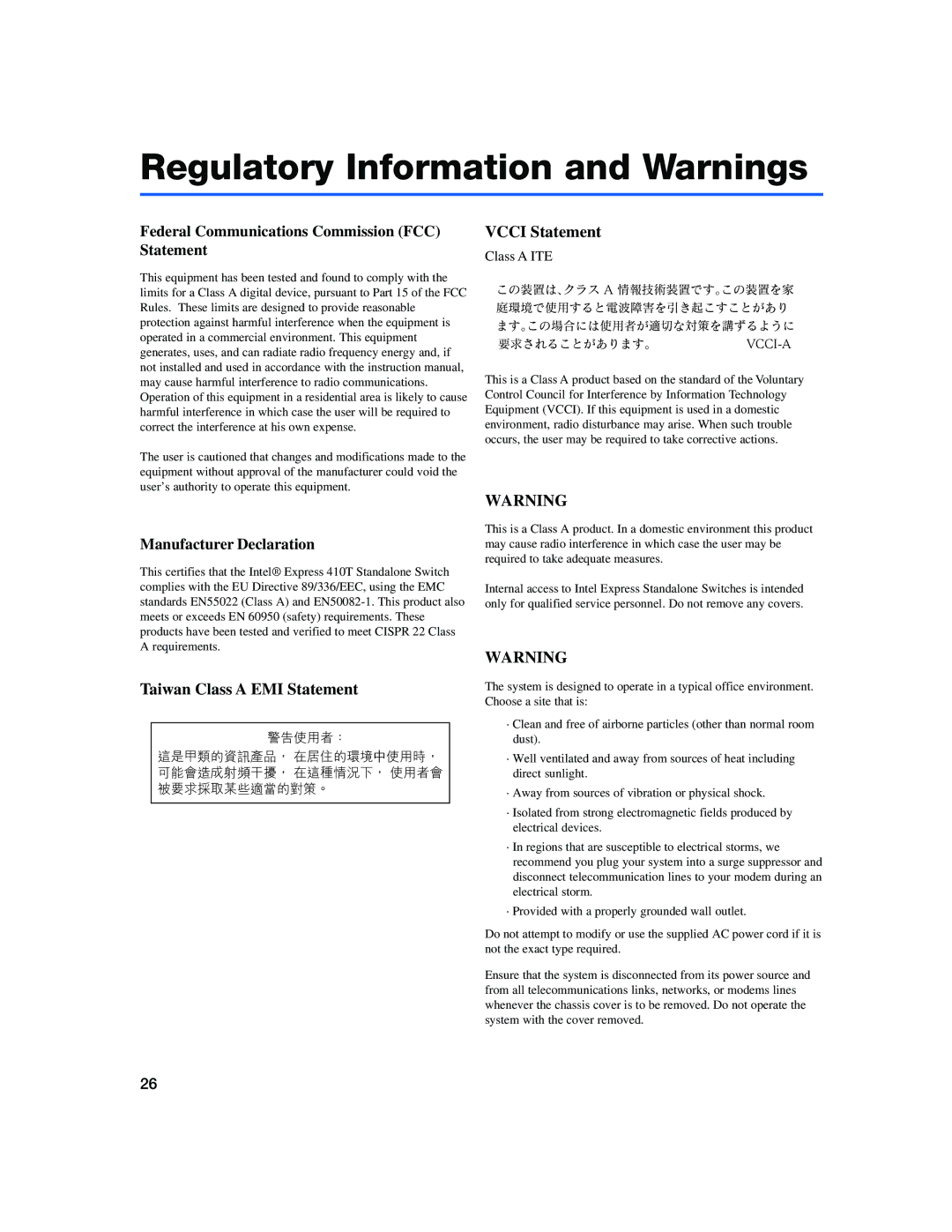 Intel 410T quick start Regulatory Information and Warnings 