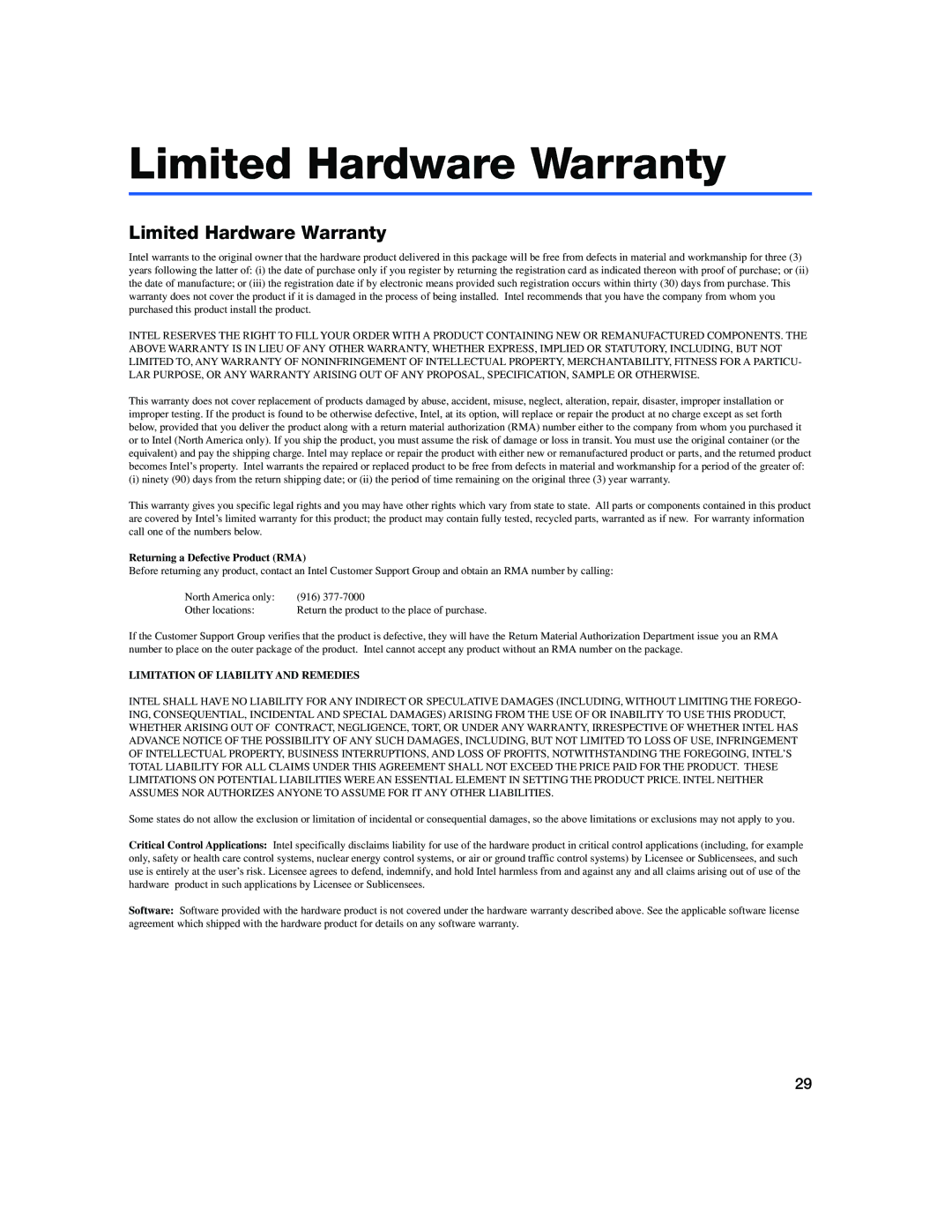 Intel 410T quick start Limited Hardware Warranty, Returning a Defective Product RMA 