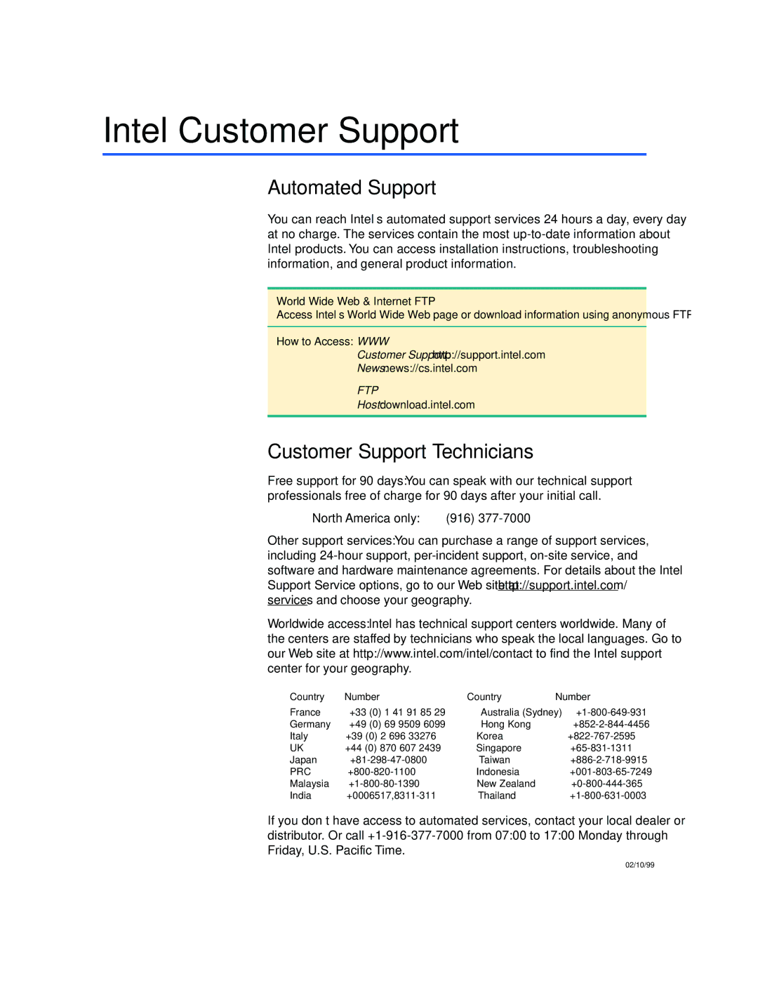 Intel 410T quick start Intel Customer Support, Automated Support, Customer Support Technicians 