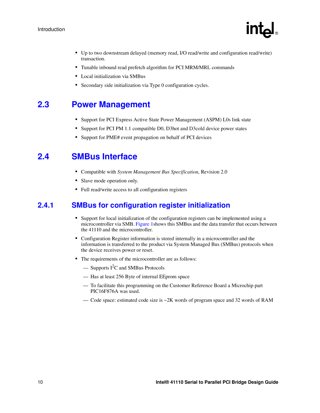 Intel 41110 manual Power Management, SMBus Interface, SMBus for configuration register initialization, Introduction 