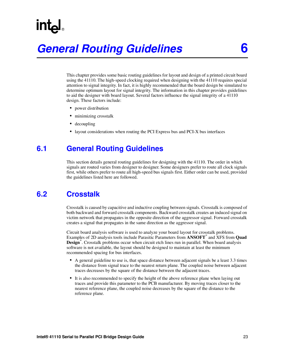 Intel 41110 manual General Routing Guidelines, Crosstalk 