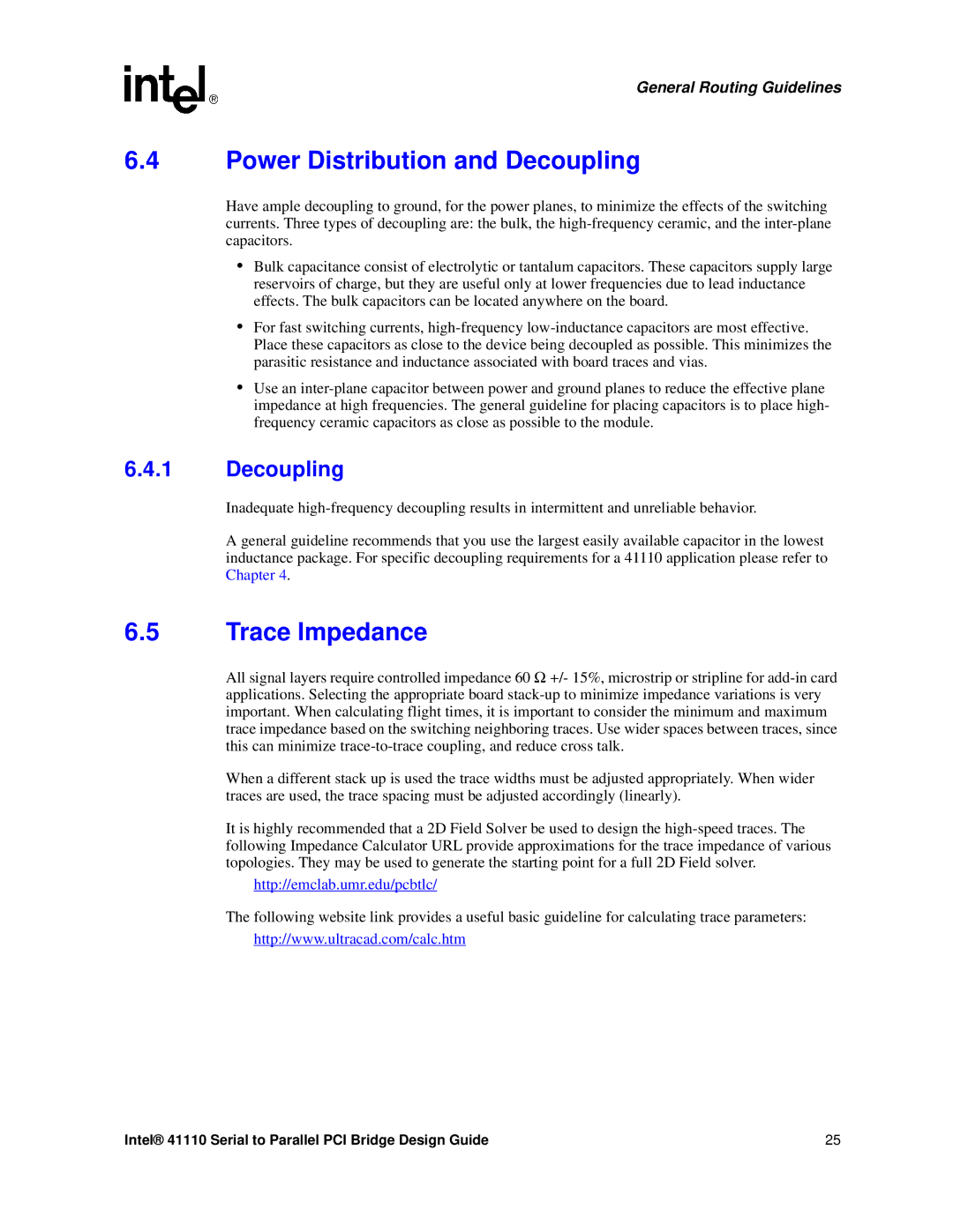 Intel 41110 manual Power Distribution and Decoupling, Trace Impedance 