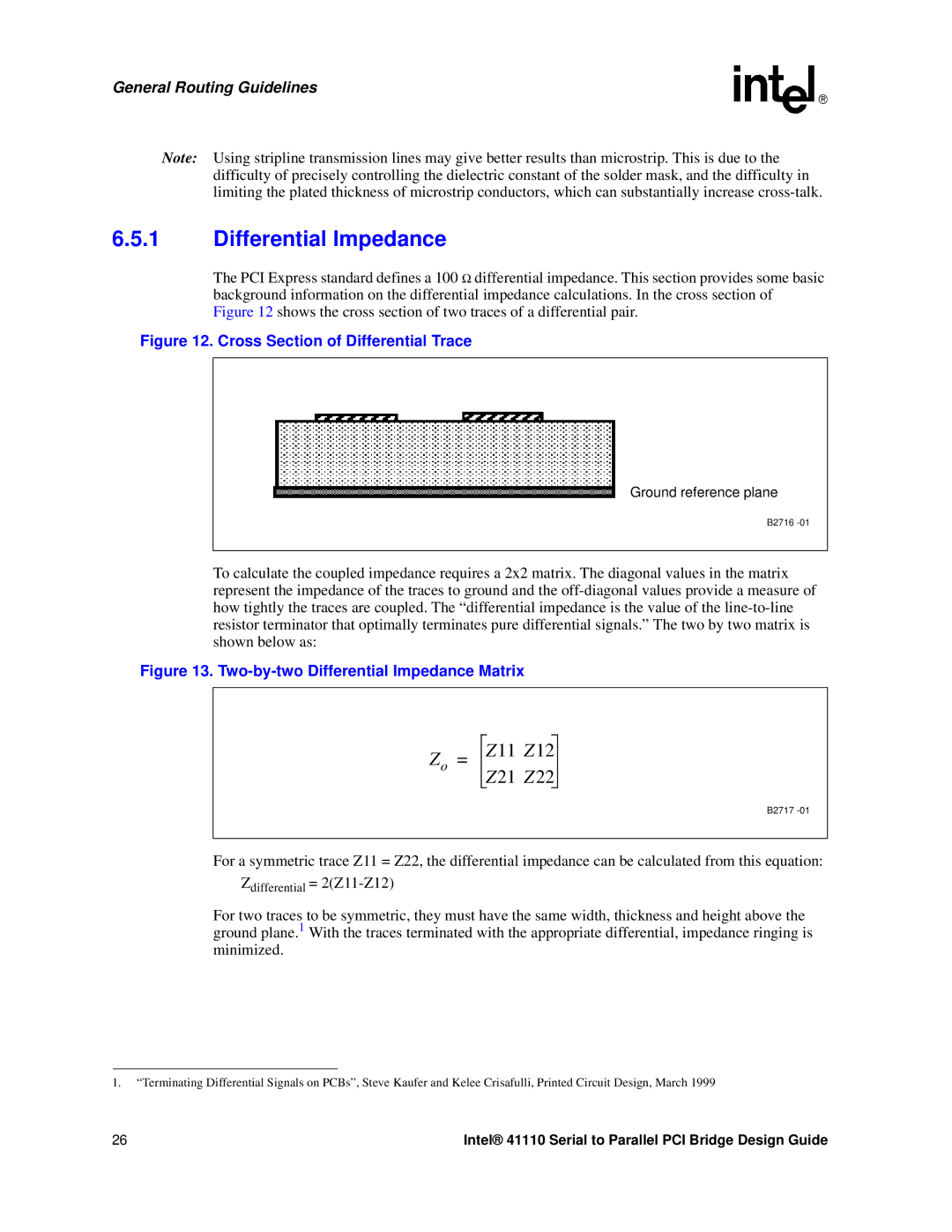 Intel 41110 manual Differential Impedance, Cross Section of Differential Trace 