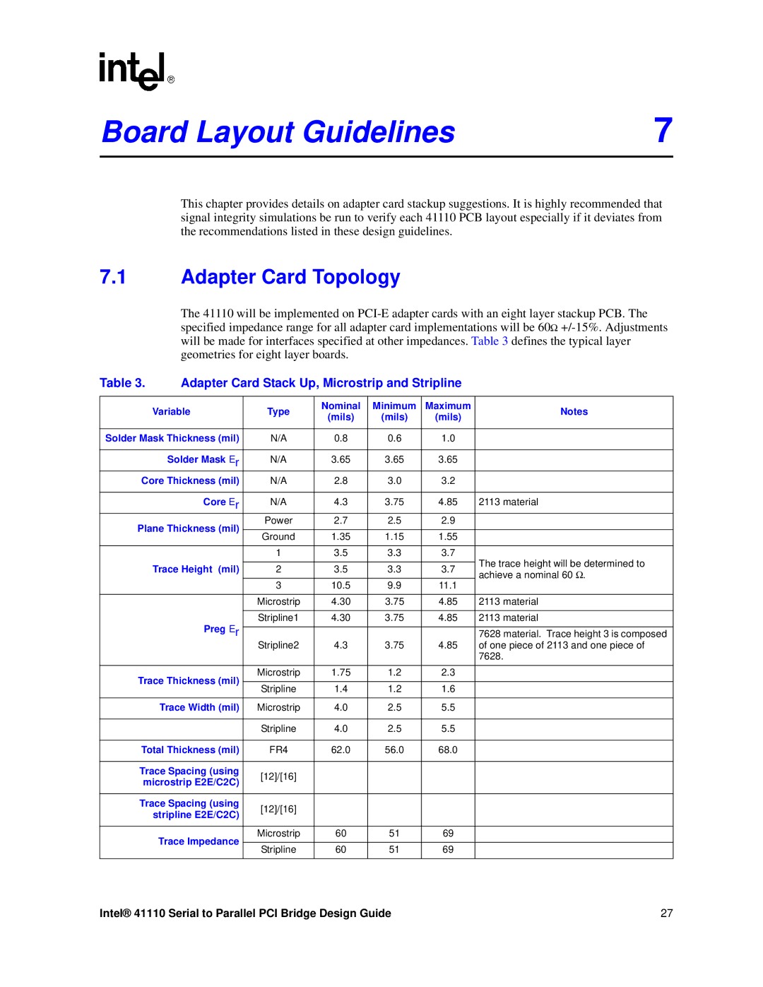 Intel 41110 manual Board Layout Guidelines, Adapter Card Topology, Adapter Card Stack Up, Microstrip and Stripline 