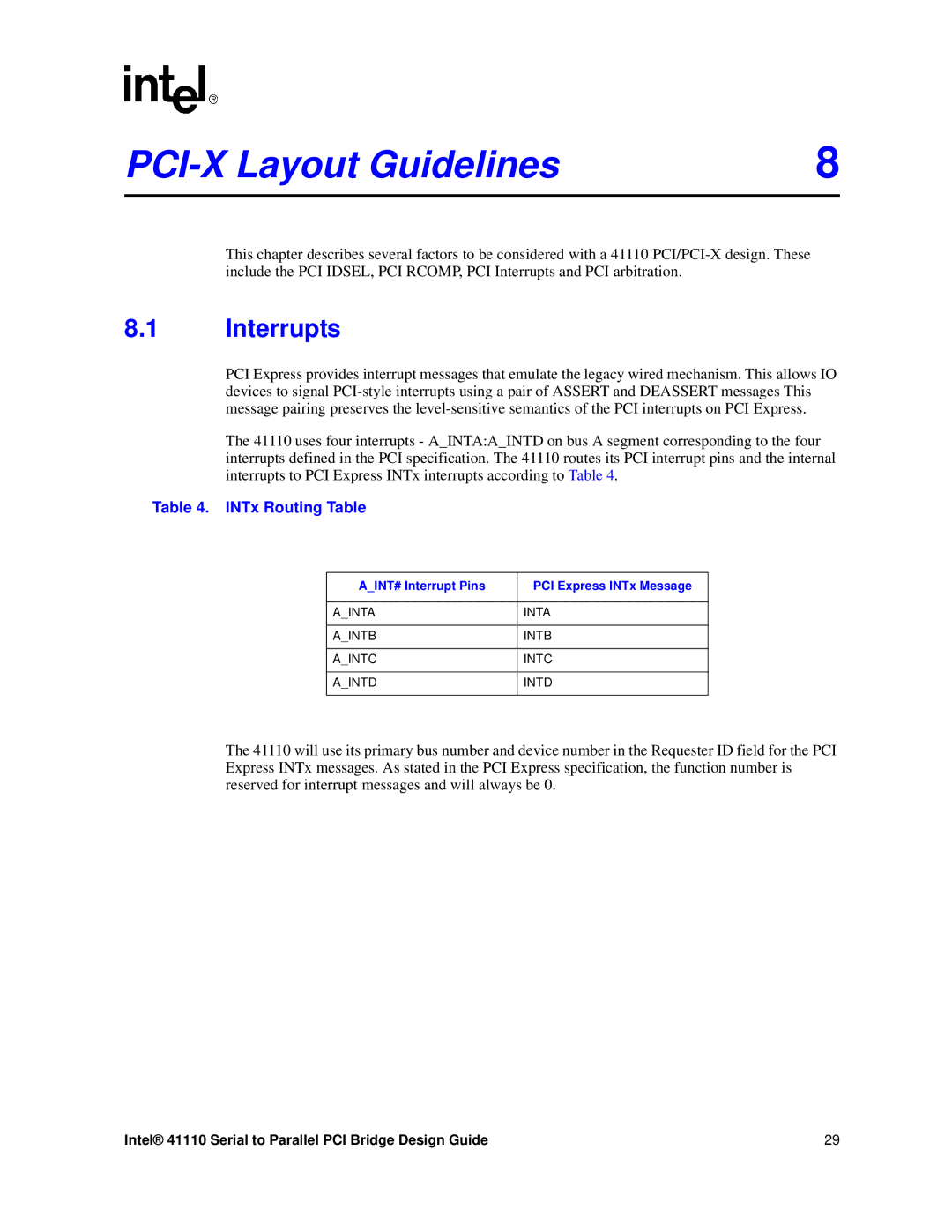 Intel 41110 manual PCI-X Layout Guidelines, Interrupts, INTx Routing Table, AINT# Interrupt Pins PCI Express INTx Message 