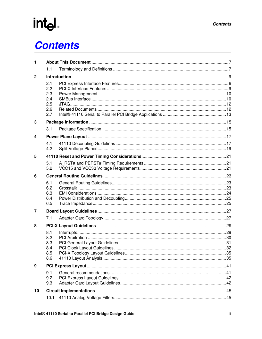 Intel 41110 manual Contents 