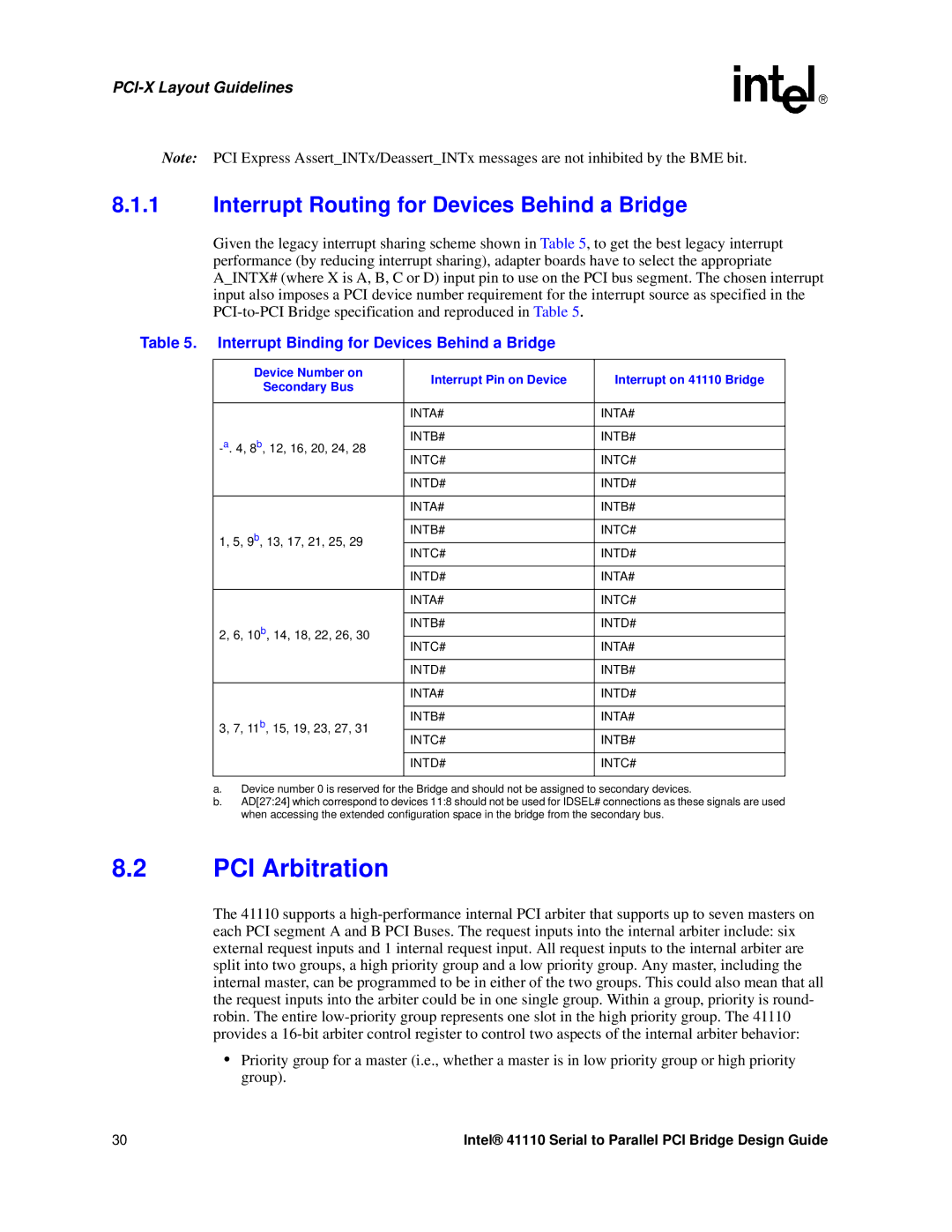 Intel 41110 manual PCI Arbitration, Interrupt Routing for Devices Behind a Bridge, PCI-X Layout Guidelines 