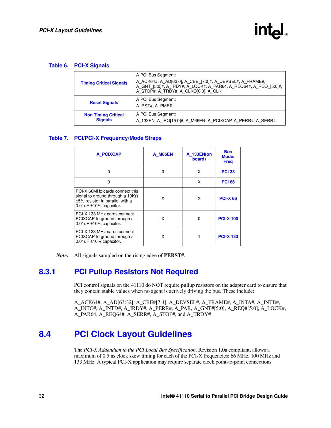 Intel 41110 PCI Clock Layout Guidelines, PCI Pullup Resistors Not Required, PCI-X Signals, PCI/PCI-X Frequency/Mode Straps 